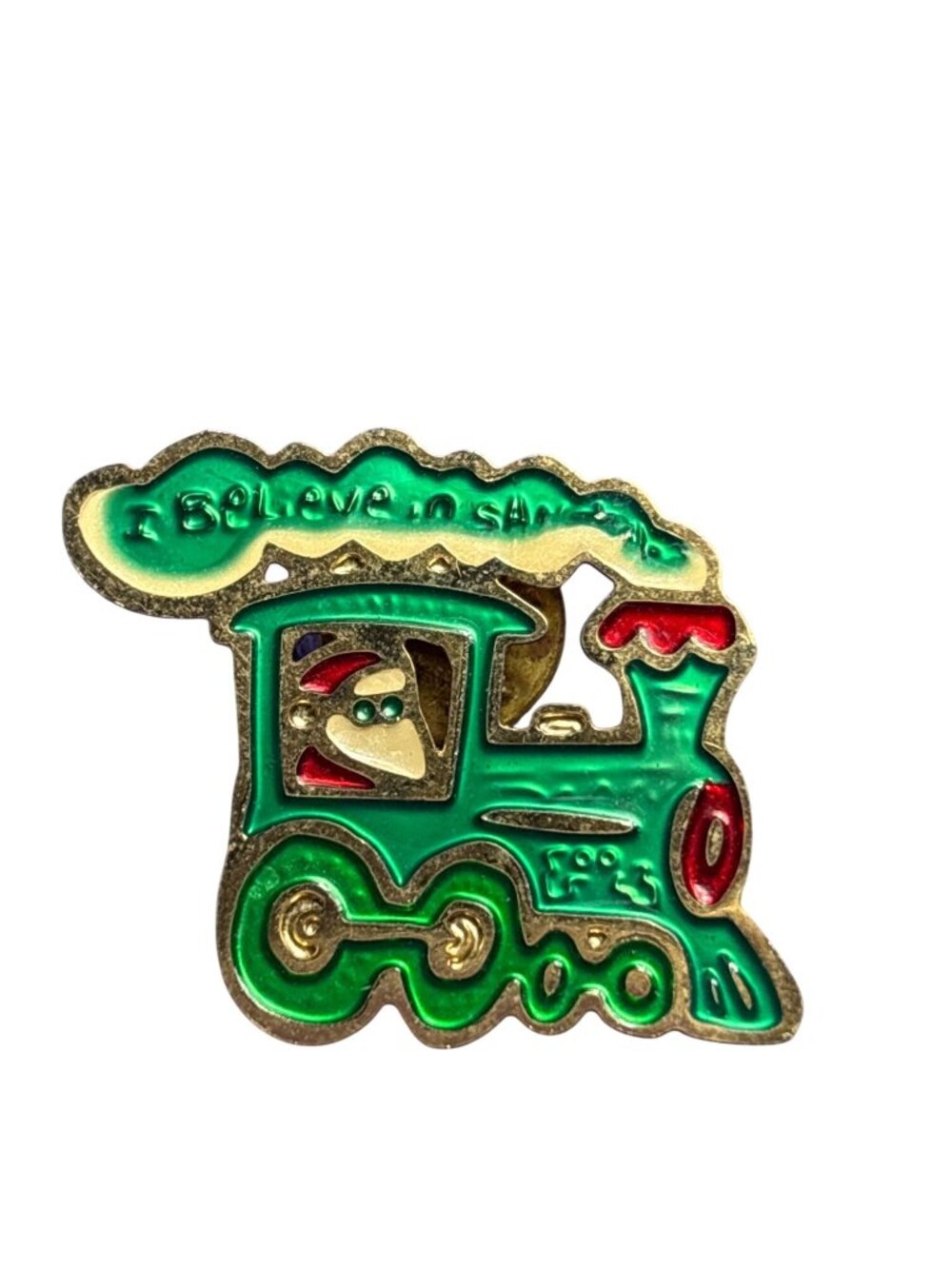 Vtg Enamel Lapel Tack Pin Christmas Train I Believe in Santa Green Red White